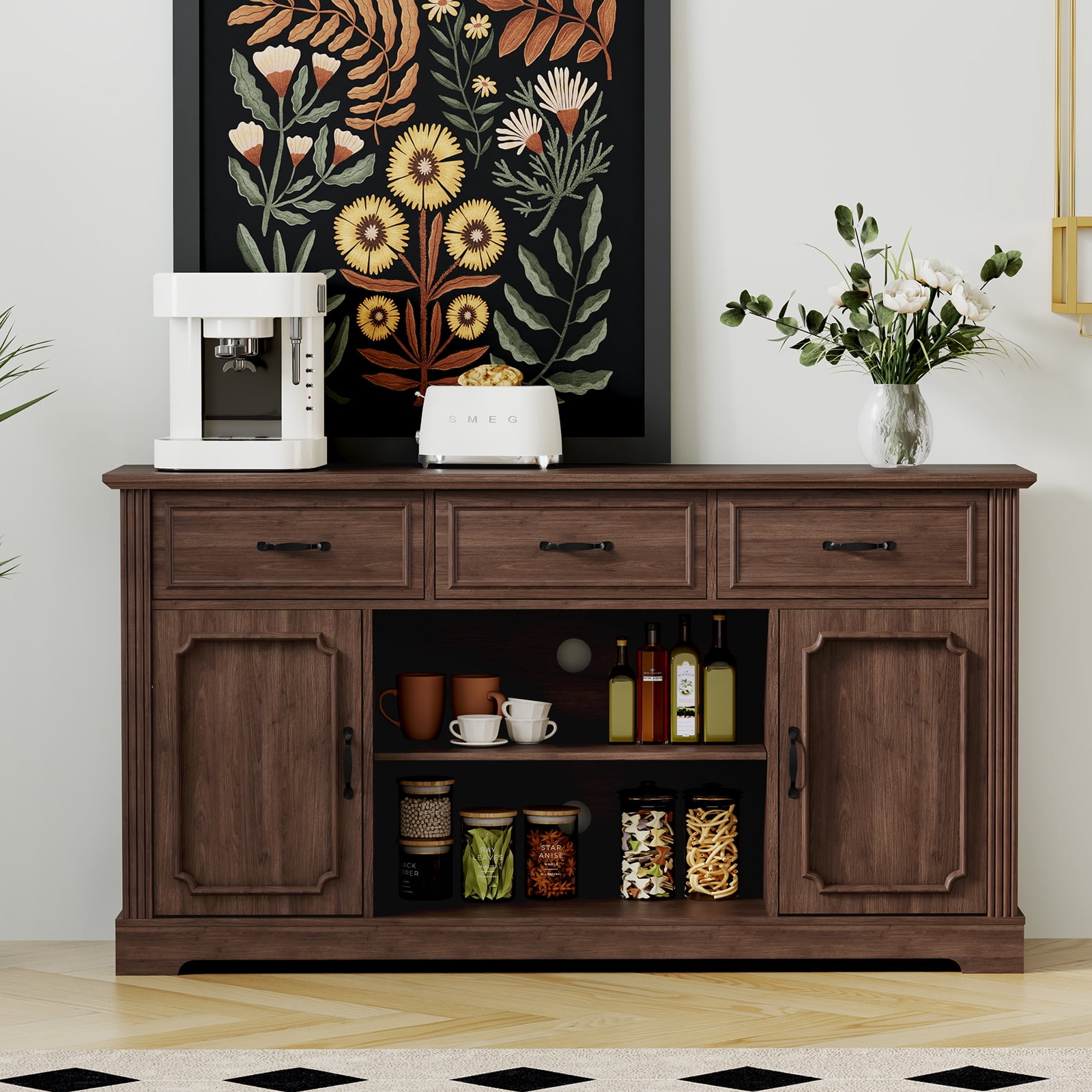HLR Mid Century 60" TV Stand for TV up to 65", Entertainment Center with Drawers Storage for Living Room, Brown