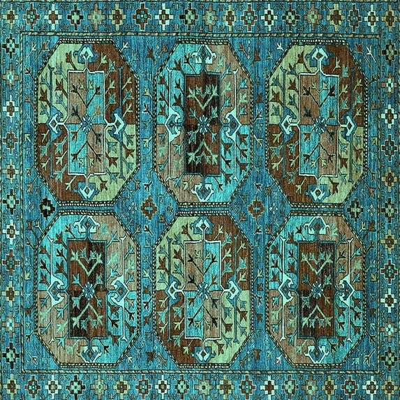 Ahgly Company Machine Washable Indoor Square Oriental Turquoise Blue Industrial Area Rugs, 6' Square