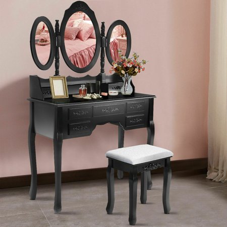 vanity makeup table mirror wood tri drawers stool oval folding costway bathroom
