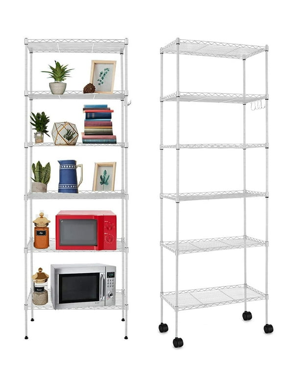 6-Tier Shelf Rack Wire Shelving Unit Storage Height Adjsutable Metal Shelf with 4 Side Hooks, 220lbs Capacity Free Standing Rack Organization for Kitchen Bedroom Garage