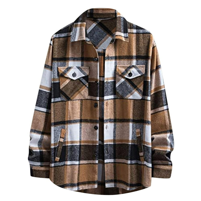 Men Casual Lapel Single Row Checkerboard Plaid Loose Denim Jacket