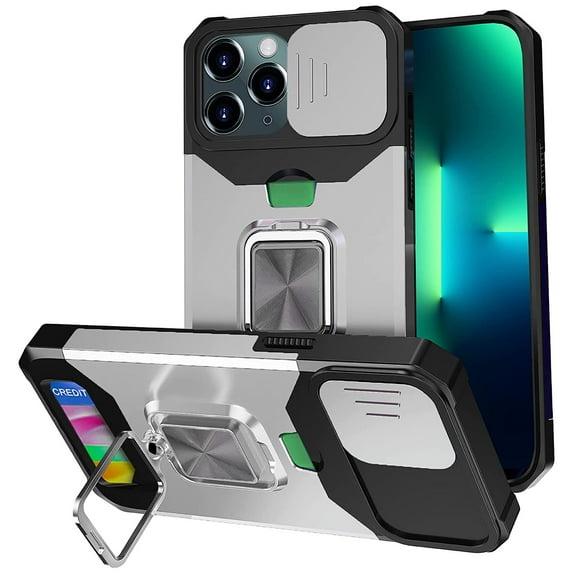 Jiahe Cover for iPhone 14 Pro Max with Sliding Camera Cover and Card Holder Heavy Duty Protective iPhone 14 Pro Max Case with Ring Magnetic Kickstand Phone Case, Silver