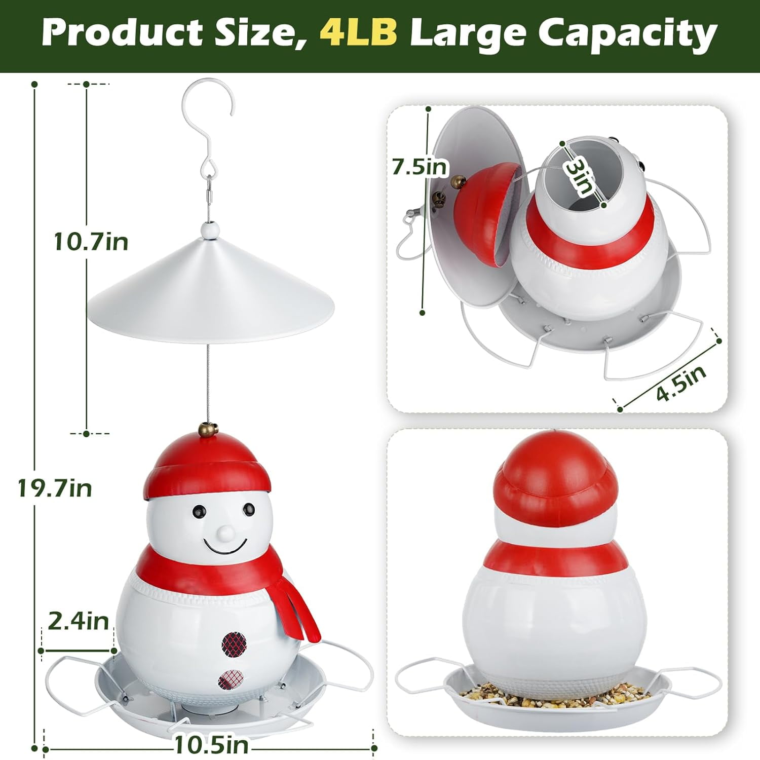 IWNTWY Wild Bird Feeder for Outside Hanging, 4LB Capacity Heavy Duty Metal Snowman Birdfeeder with 4 Perches
