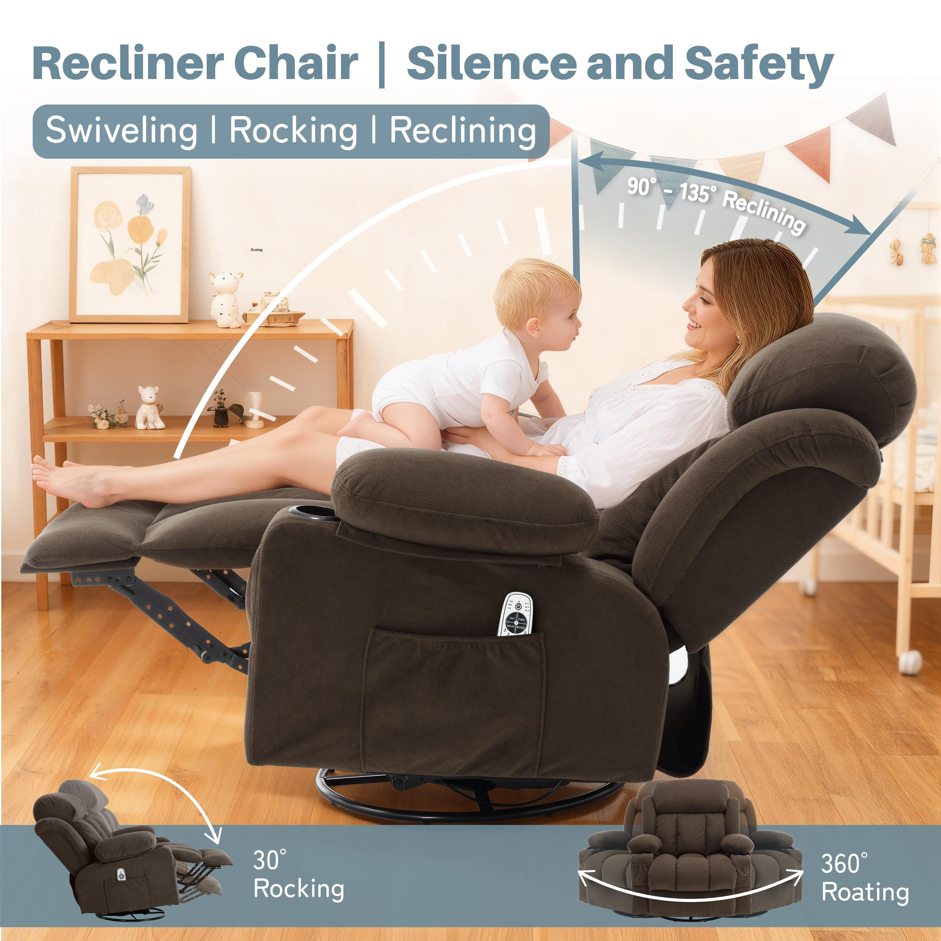 Swivel Rocker Recliner for Adults, LEGAHOME 24.4in Glider Rocking Chair for Nursery, Manual Rocking Chair with Massage and Heat for Adults, Living Room Massage Recliner Sofa with Cup Holder, Brown