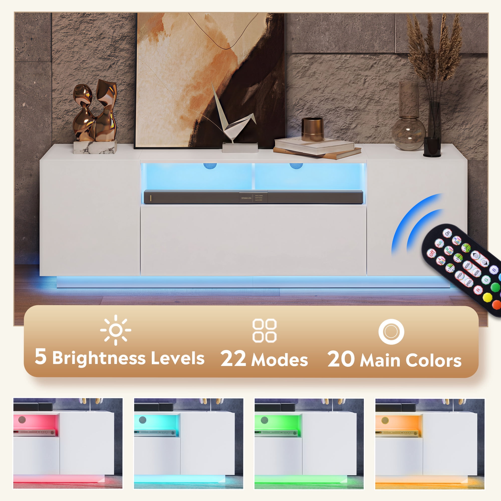 GALAXHERO TV Stand for 65 inch Entertainment Center with LED Lights & Large Storage Cabinet Modern TV Console Stands Table for Living Room Bedroom White