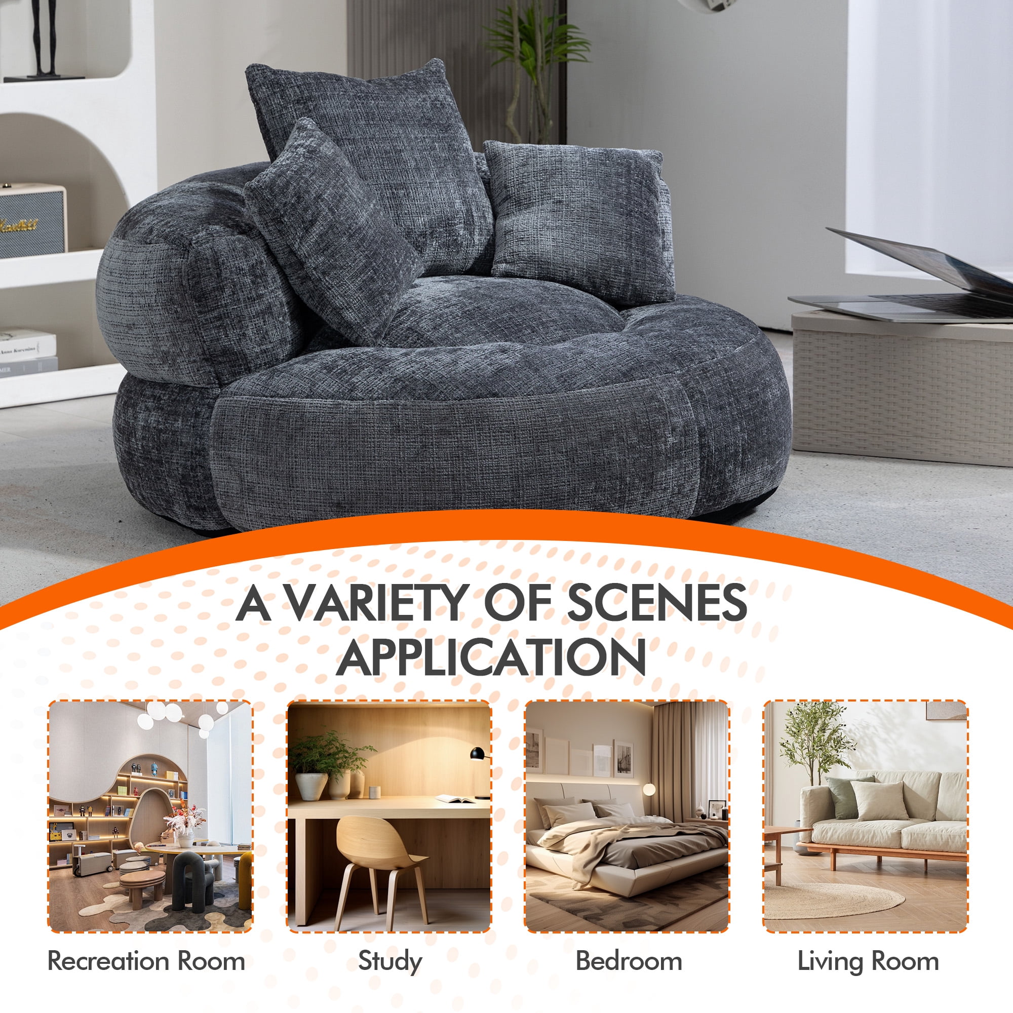 42.5''W Chenille Bean Bag Chairs, Chenille Soft Lazy Sofa Chair, Bean Bag Chair For Adults & Kids To Gaming,Reading,And Watching TV,Living Room, Bedroom,Office Room(Gray)