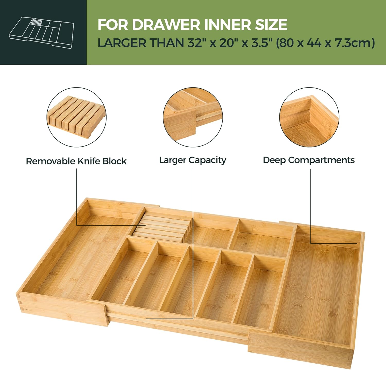 Utoplike Extra Large Kitchen Drawer Organizer, Bamboo Utensil Organizer with Removable Knife Block, Expandable Cutlery Tray