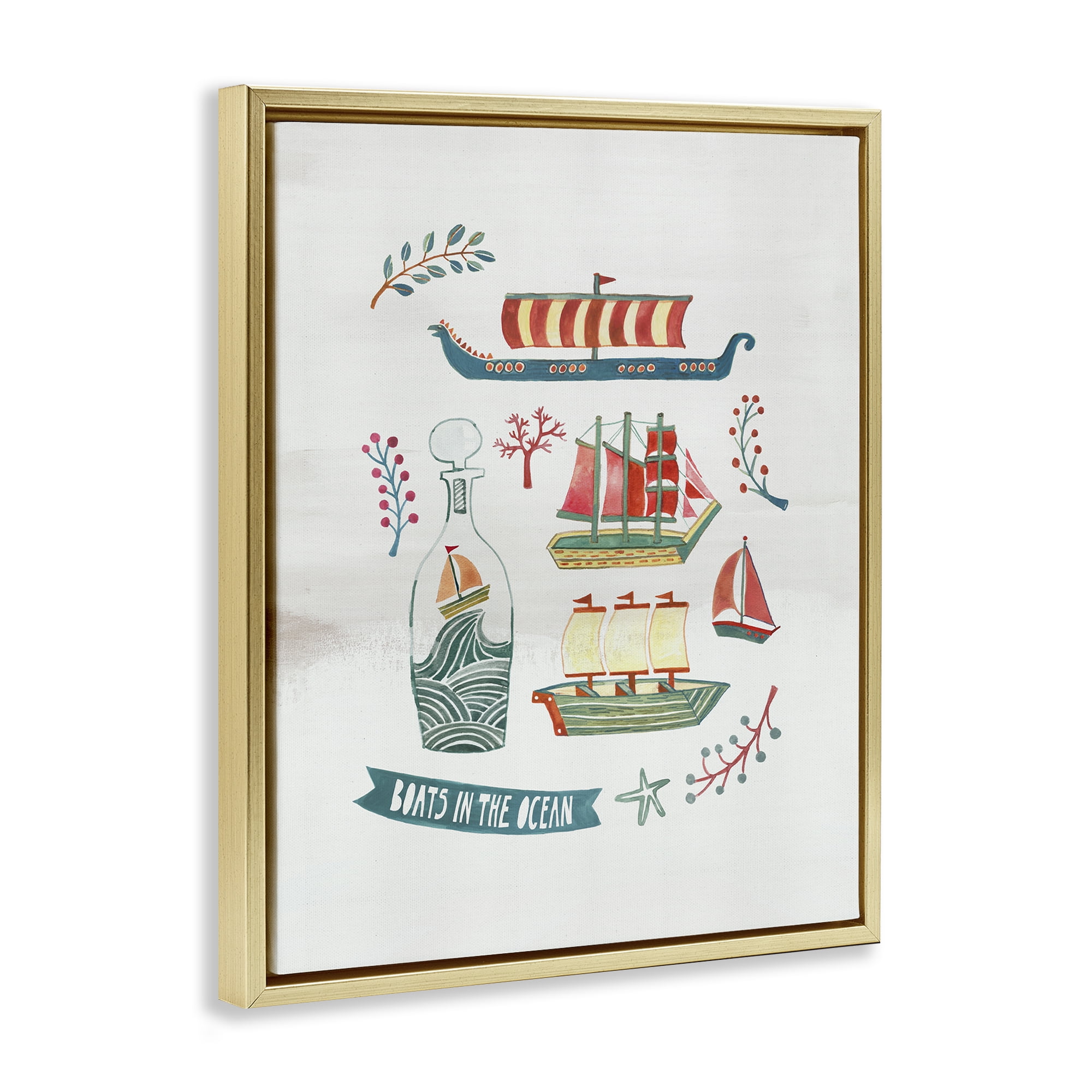 Stupell Industries Nautical Boats & Botanicals Nautical & Beach Painting Gold Floater Framed Canvas Art Print Wall Art, 17 x 21
