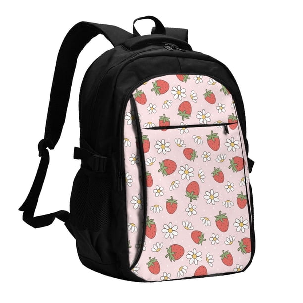 Fotbe Strawberry Floral Mochila con Estampado y Puerto USB para Hombre y Mujer, Mochila Antirrobo, Mochila de Viaje, Mochila Escolar, Mochila Universitaria