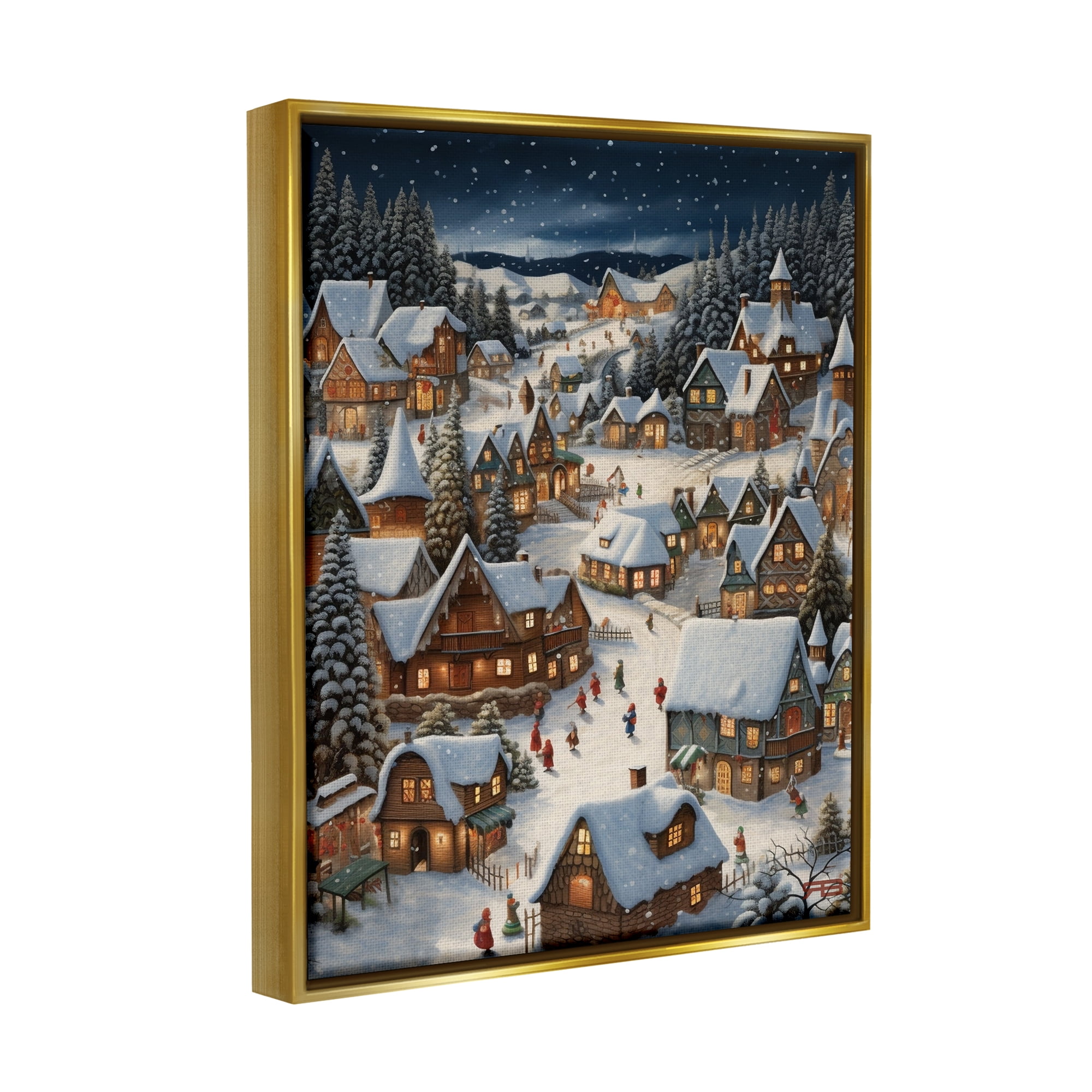 Stupell Industries Snowy Christmas Village Holiday Painting Gold Floater Framed Canvas Art Print Wall Art, 25 x 31