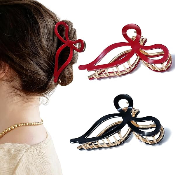 wonima11 2 Pack Gold Metal Bow Hair Claw Clips, Nonslip 4.3" Large Hair Grip Hairclips for Thin and Thick | Acrylic Metal Strong Hold Claw Clip (Black, Red)