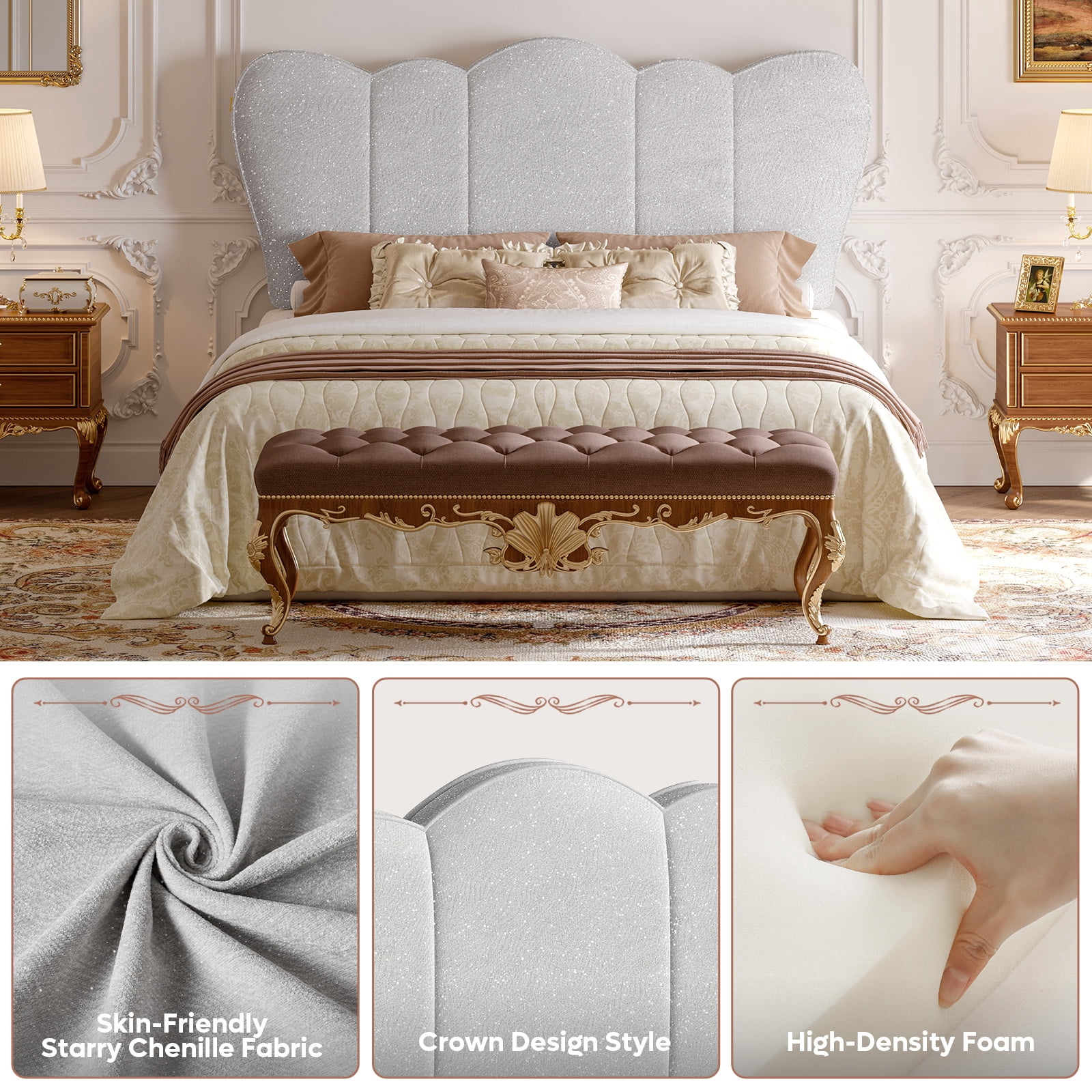 Pinmoco Chenille Upholstered Headboard for Full Bed, Height Adjustable Crown-Shaped Headboard, Starry Gray