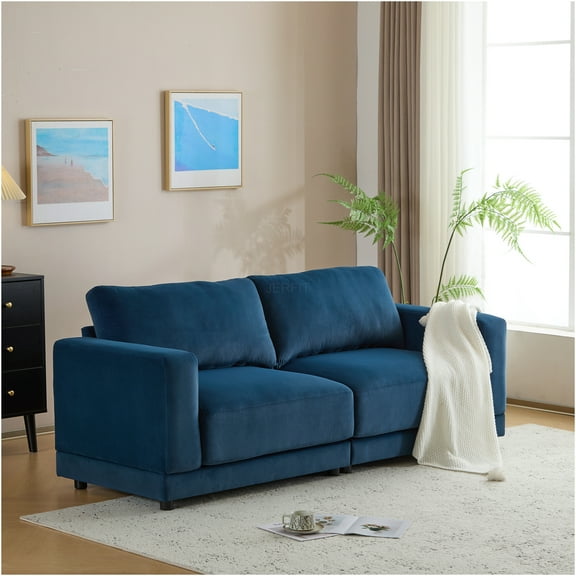 JERFIT 81 Inch Modern Velvet Sofa, 2-Seater Square Arm Couch with Deep Cushions for Living Room, Bedroom, Navy Blue