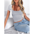 thumbnail image 4 of Camisetas de Corta para Mujer, Informales, Básicas, de Verano, con Cuello Redondo, Corte Entallado, de Punto Acanalado, para Trabajo y Negocios. Gris L, 4 of 7