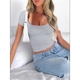 thumbnail image 4 of Camisetas de Corta para Mujer, Informales, Básicas, de Verano, con Cuello Redondo, Corte Entallado, de Punto Acanalado, para Trabajo y Negocios. Gris L, 4 of 7
