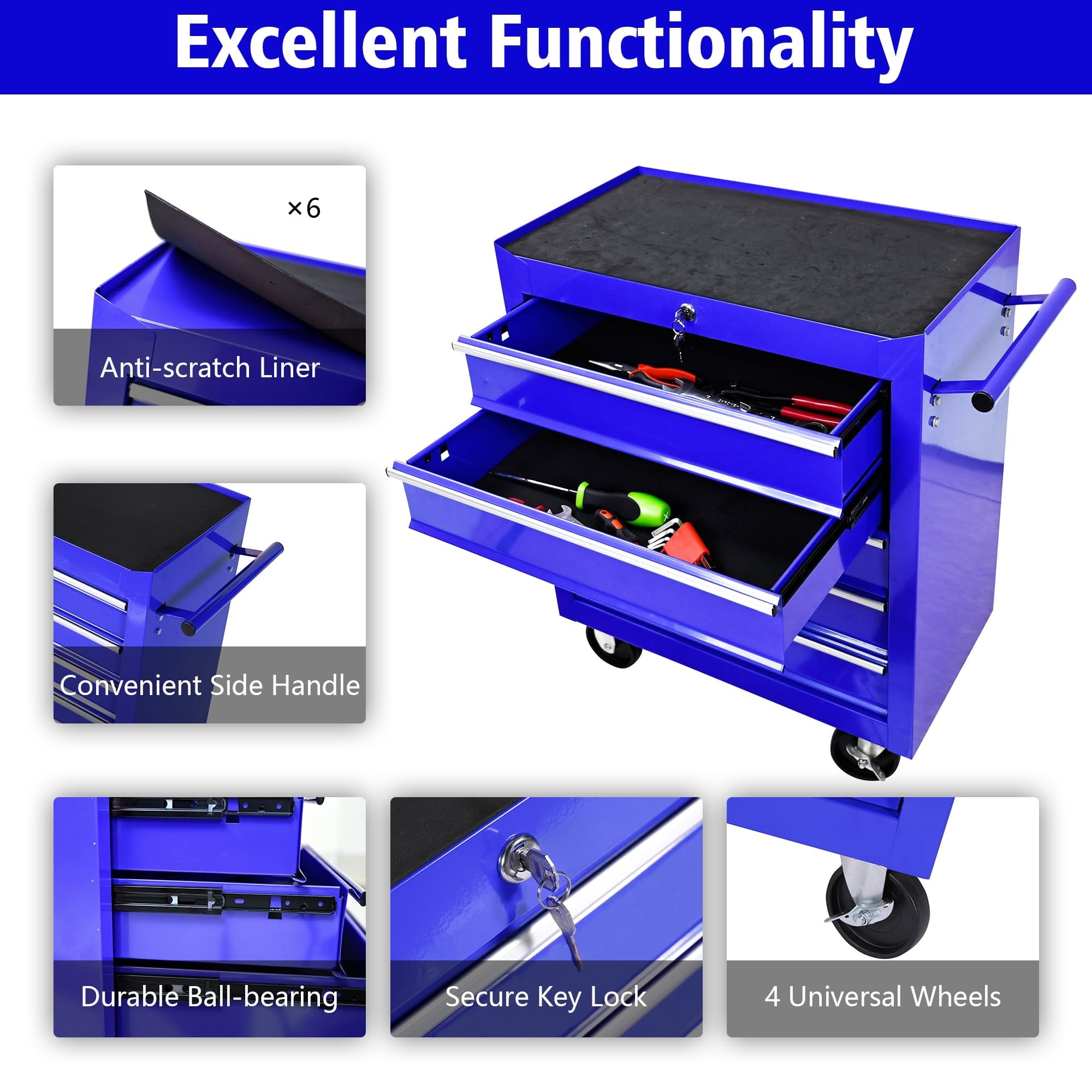 Aukfa Tool Chest, 5-Drawer Steel Rolling Tool Box on Wheels for Workshop Garage, Blue