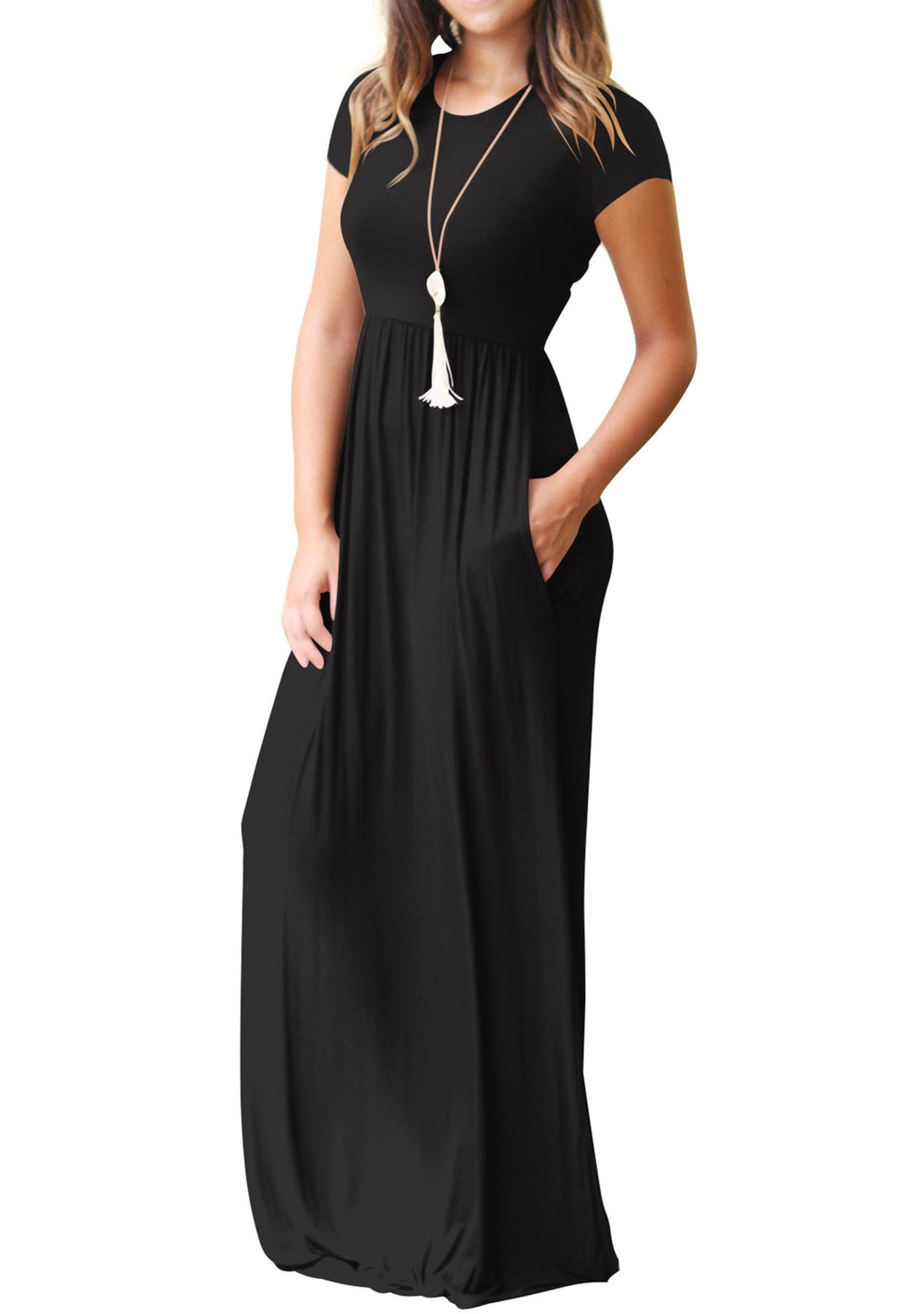 Mengpipi Women's Maxi Dress with Short Sleeves and Pockets