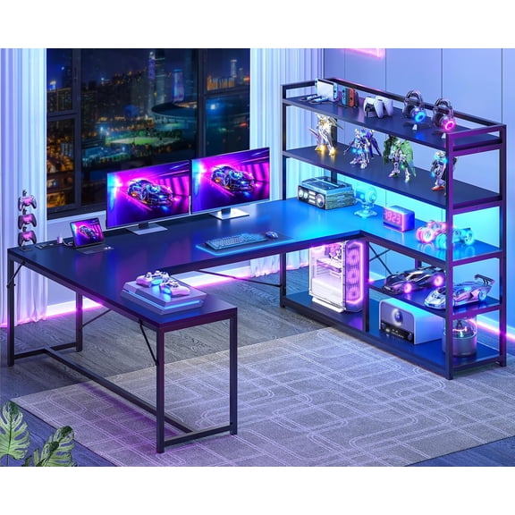 SEDETA L Shaped Gaming Desk, 63'' Reversible Computer Desk with Power Outlet and Storage Shelves, Corner Gaming Desk with LED Lights, Bookshelf for Home Office, Black