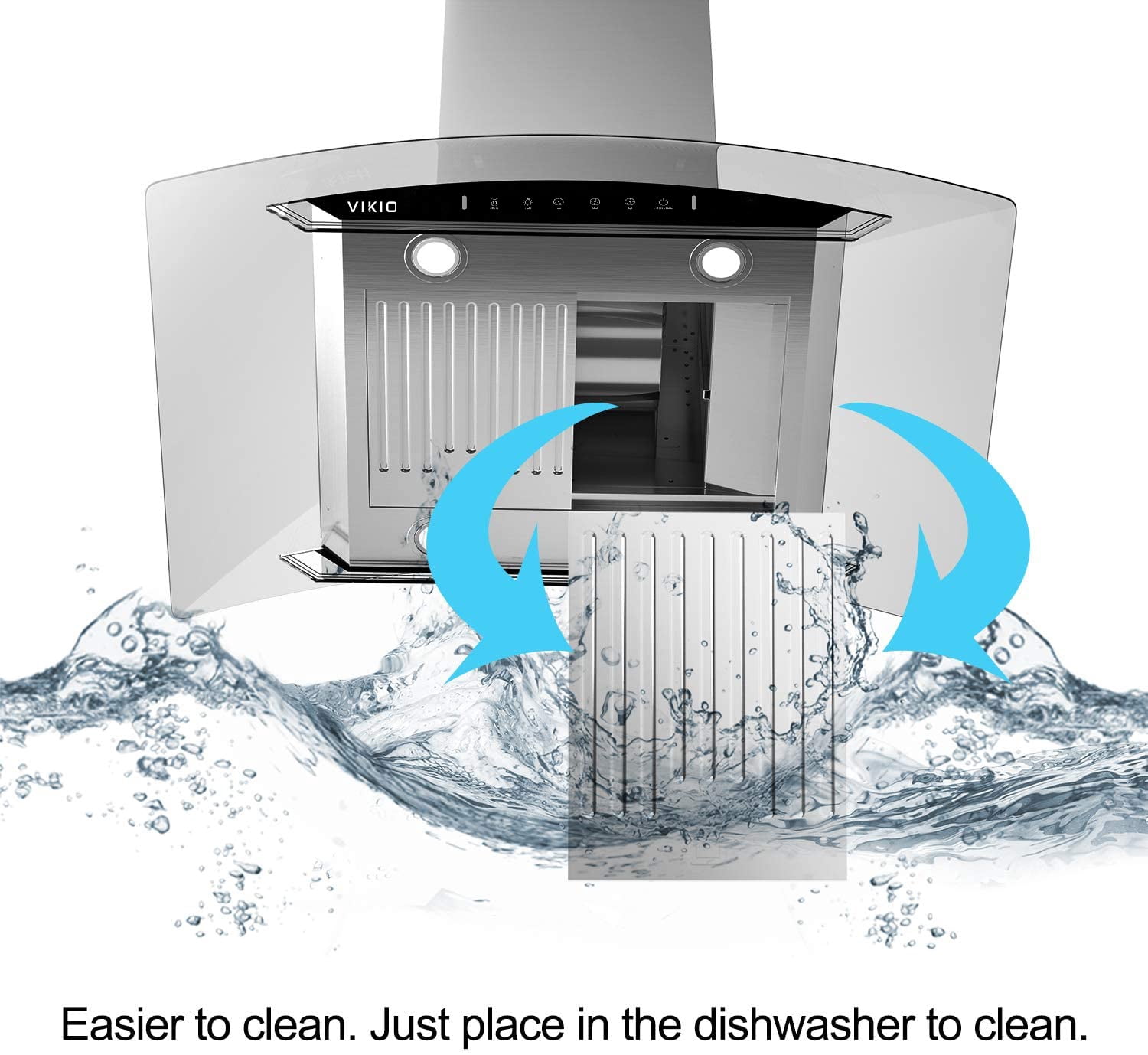 VIKIO 30 Inch Island Range Hood 900 CFM Stainless Steel Curved Glass Kitchen Vent Hood with Gesture Control Dual Side Touch Panel 4 LED Lights ETL Certified