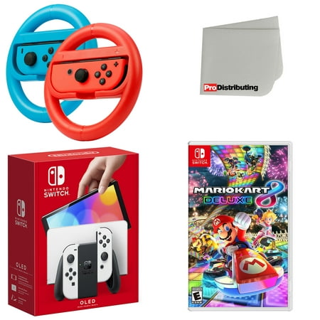 Nintendo Switch OLED Console White with Mario Kart 8 Deluxe, Joy-Con Steering Wheel Set and Screen Cleaning Cloth