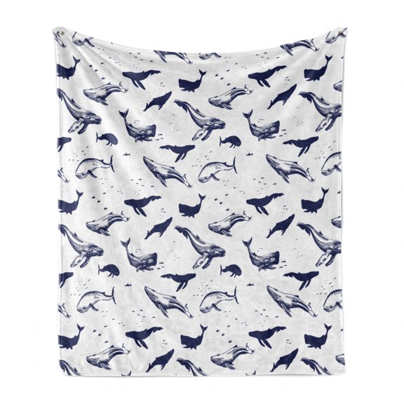 Whale Soft Flannel Fleece Blanket, Monochrome Marine Exotic Ocean Fishes Whales Swimming Wildlife Sea Illustration, Cozy Plush for Indoor and Outdoor Use, 70" x 90", Indigo and White, by Ambesonne