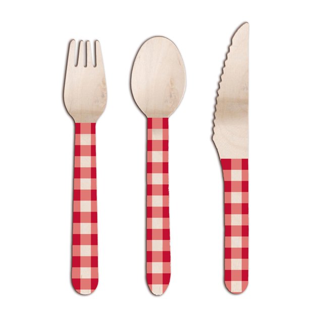 Way to Celebrate Red and White Gingham Wooden Assorted Cutlery, Party