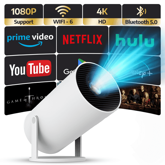 Upgraded Projector with Wifi 6 and Bluetooth Mini Portable Smart Video Theater 4K HD 1080P Outdoor Screen Movie Home TV Android Monitor PC Games 180° Rotatable Compatible for Laptop Tablet Computer