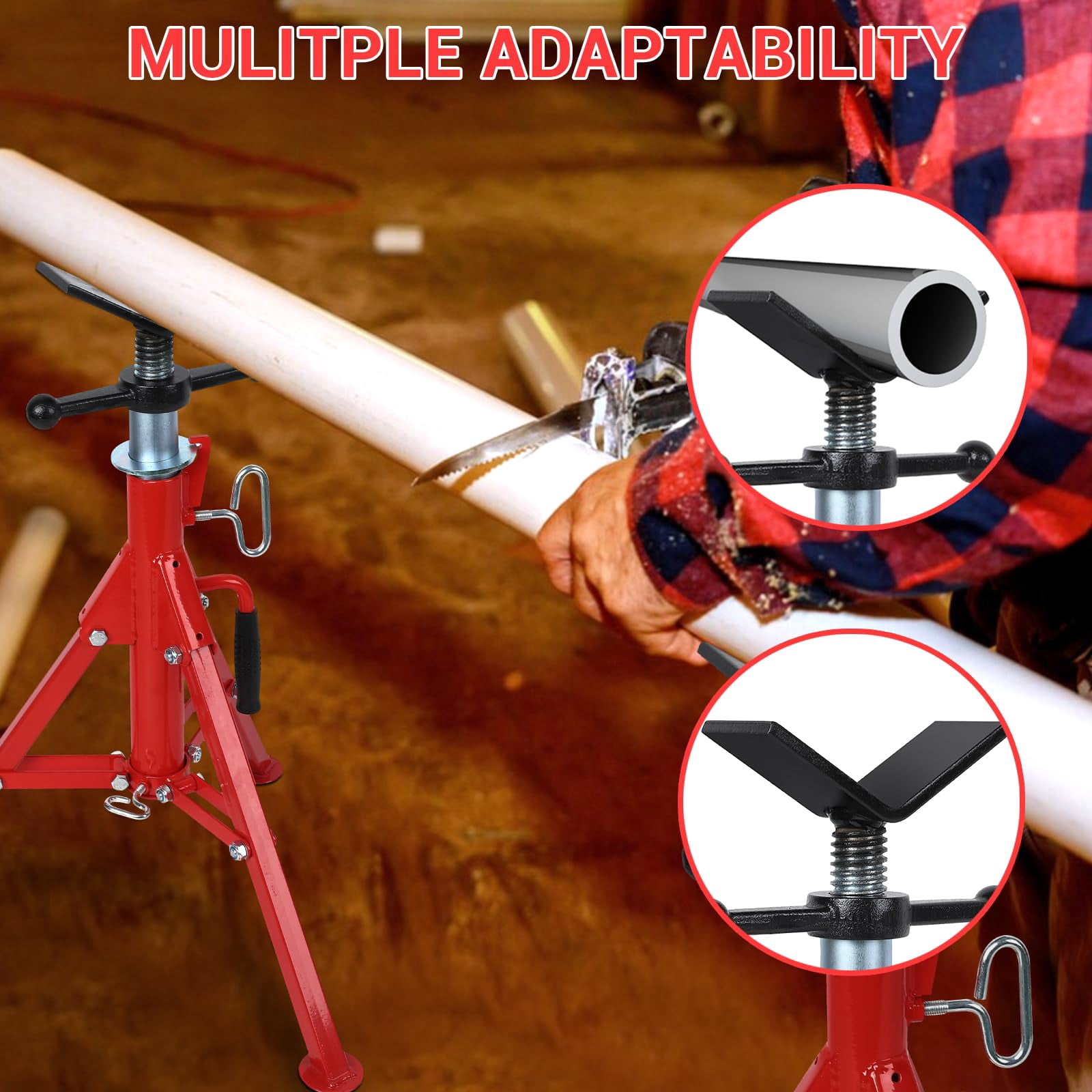 Heavy-Duty Pipe Stand, Adjustable Folding v-Head Pipe Jack Stand | 2500 Lbs Load Capacity |Suitable for 1/2“ to 12” Pipes 28“ to 52” | Ideal for Welding, Automotive, and Construction Projects
