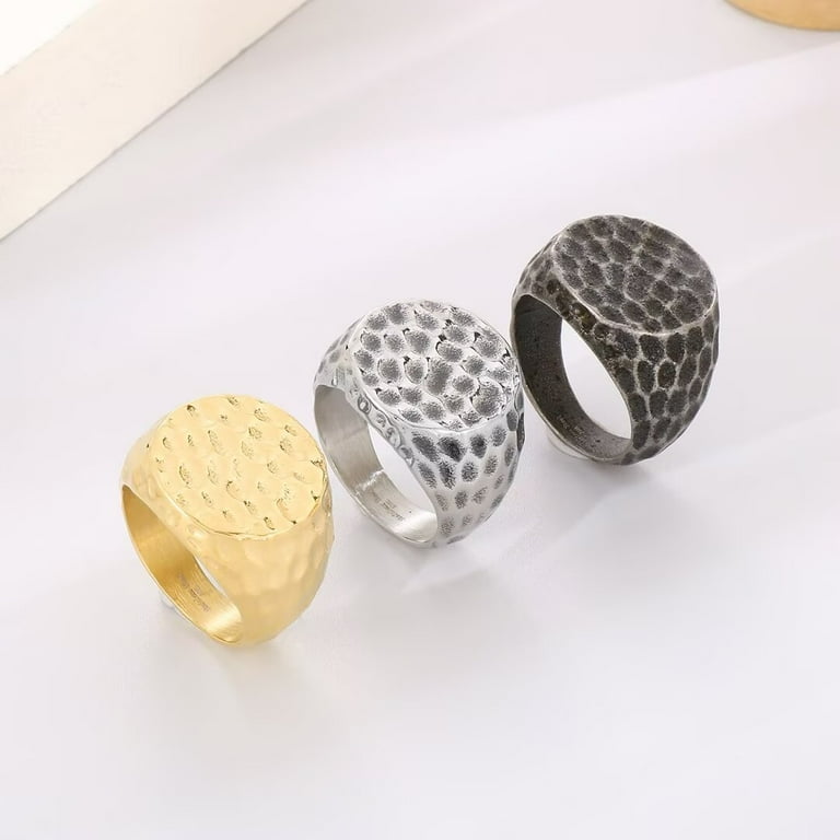 HIJONES Men's Stainless Steel Hammered Surface Ring Classic Simple