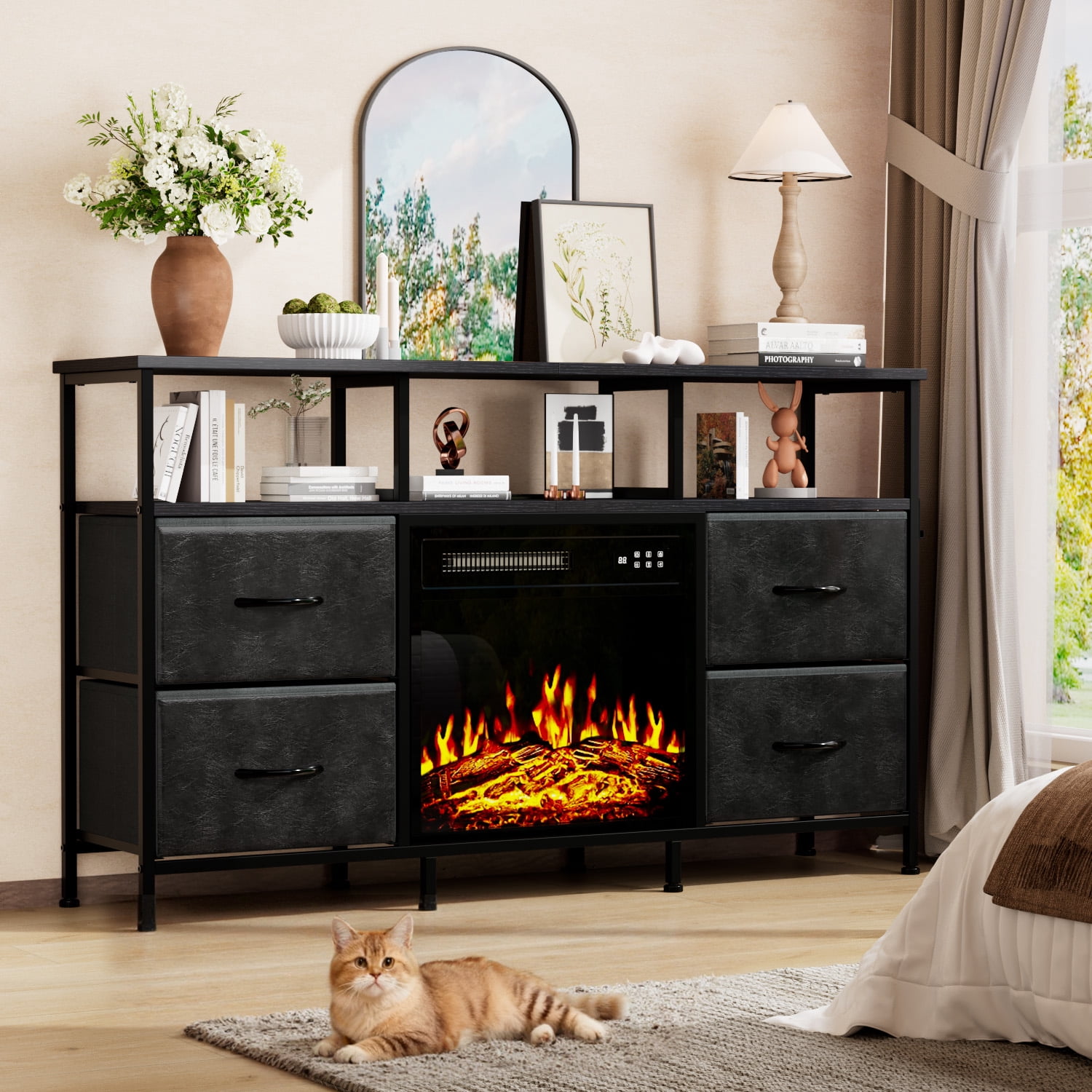 Waleaf Fireplace TV Stand with Fireplace, 49" Entertainment Center up to 55 inch TV,Dresser for Bedroom, Living Room with Power Outlets & LED Lights