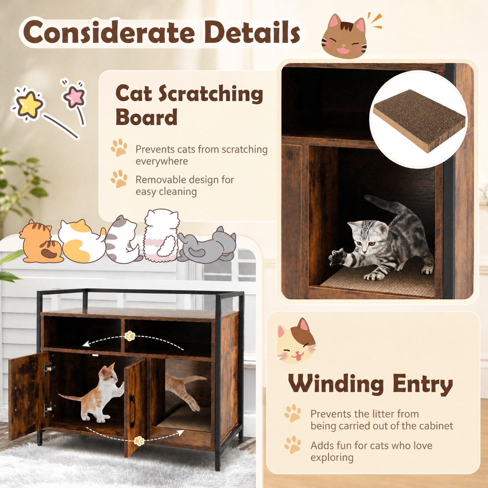 SUGIFT Hidden Cat Litter Box Furniture with Double Doors, Enclosed Cat Washroom Side Table Cabinet with Scratch Cardboard, Coffee