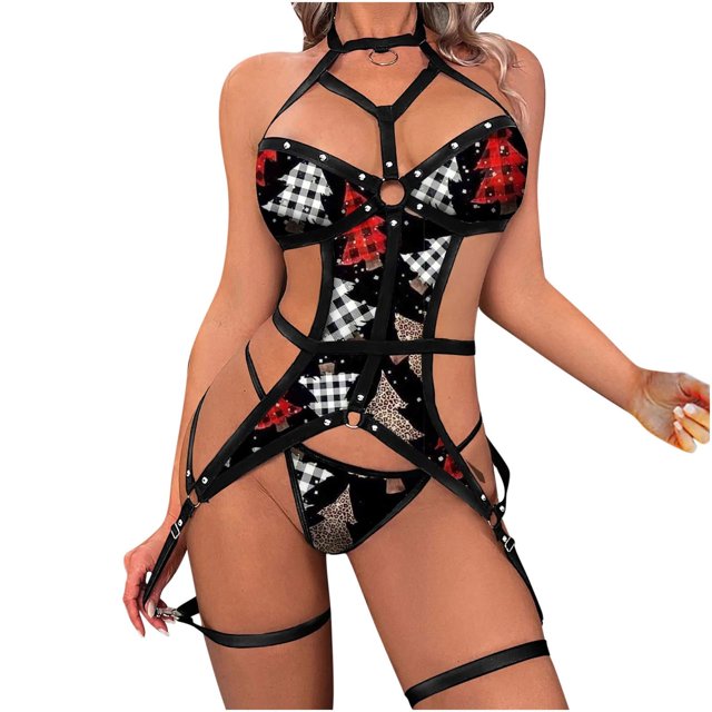 TSADFHJI Lingerie pour Femmes Robe Transparente Ensemble 2 Pcs Imprimé Non Positionné Lingerie L Noir
