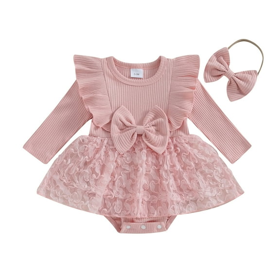 Bagilaanoe Newborn Baby Girl Rompers Dress Long Sleeve Bodysuit Headband 3M 6M 12M 18M Infant Fall Patchwork A-line Princess Dresses