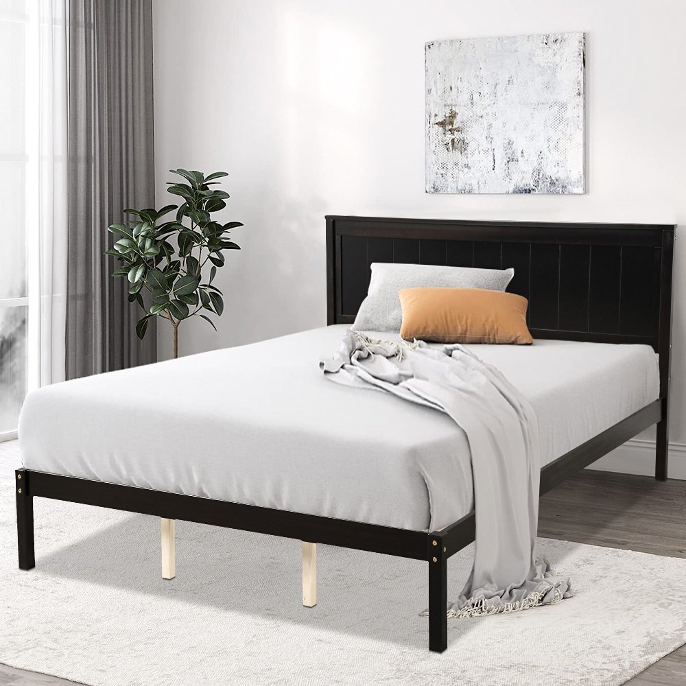 Queen Platform Bed with Headboard, Premium Espresso Wood Bed Frame, Modern Queen Bed Mattress