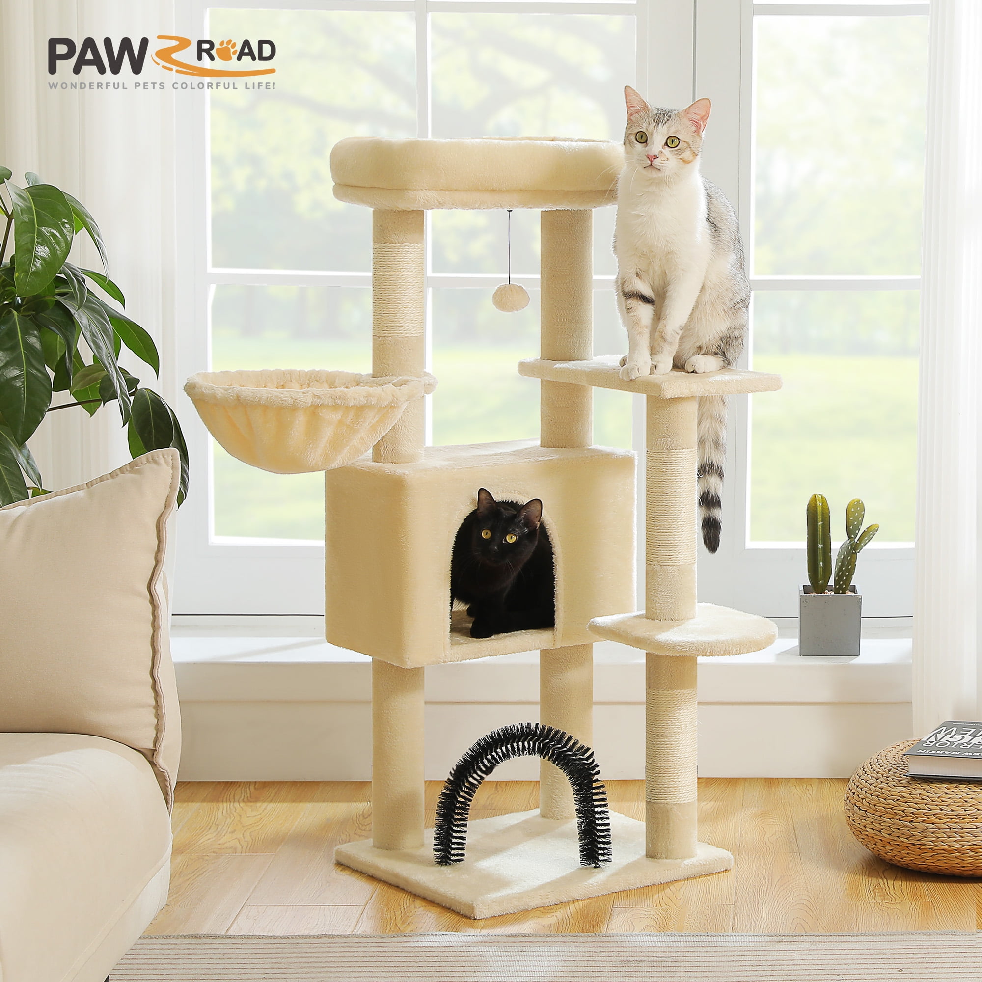 PAWZ Road 42" Cat Tree Condo With Large Perch Scratching Posts for Indoor Cats, Beige
