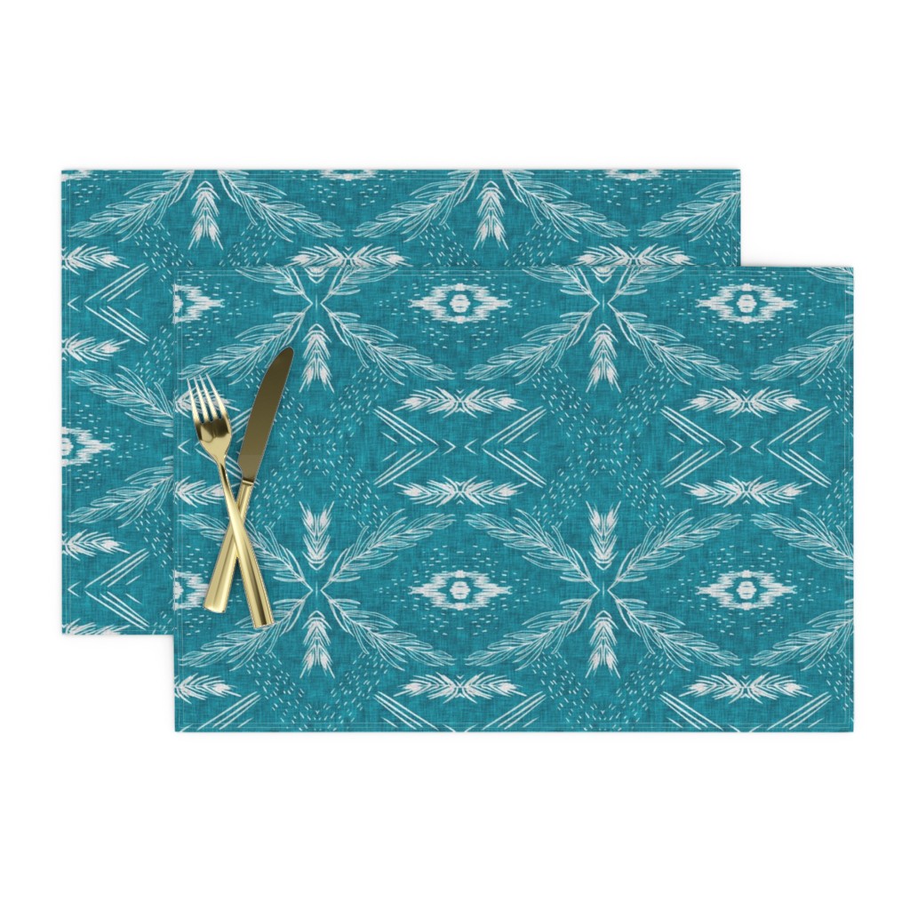 Cloth Placemats Jungle Teal Botanical Geometric Leaf Palm Frond Set of
