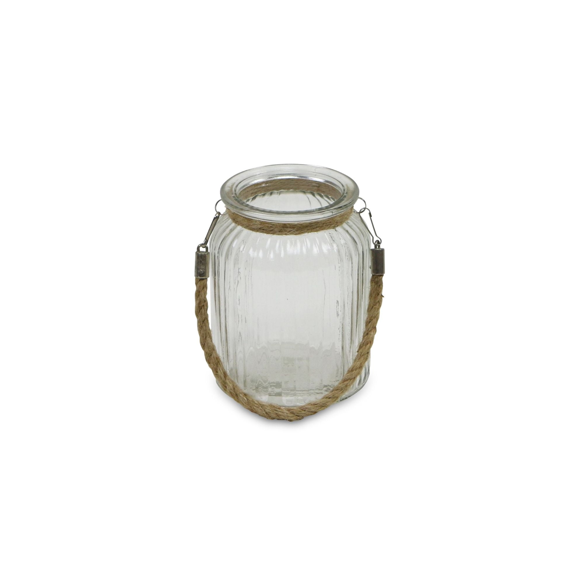 12" Clear and Brown Ribbed Round Glass Jar with Rope Wrapped Neck