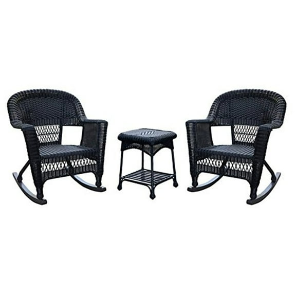 Jeco 3pc Black Rocker Wicker Chair Set With Sage Green Cushion-Finish:Black