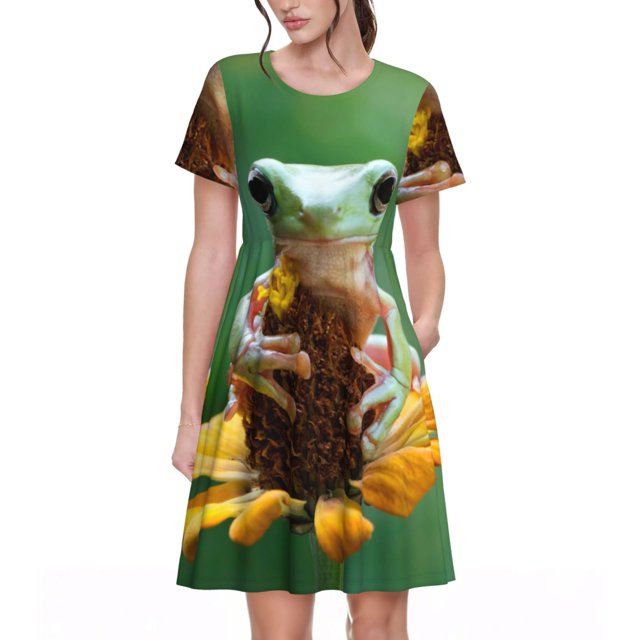 Easygdp Tree Frog Sitting On Sunflowes para Vestido Transpirable de Mujer, Vestido Suelto de Manga Corta con Pliegues y Bolsillos para el Verano