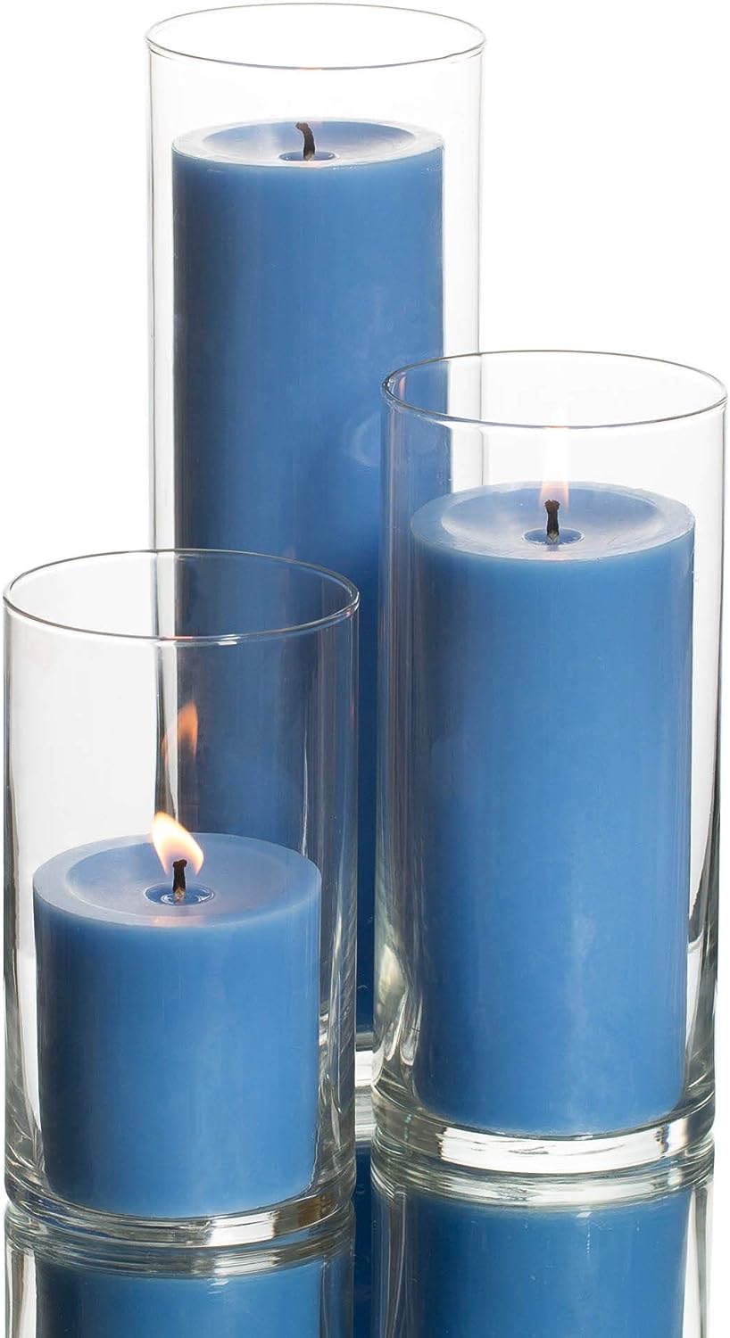 Set Of 3 Glass Eastland Cylinder Vases And 3 Light Blue Pillar Candles