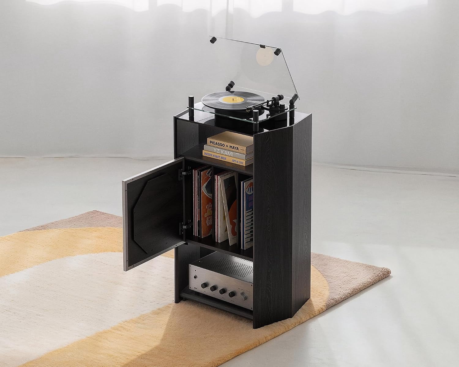 FITUEYES Picasso 4-Tier Record Player Stand with Album Display and Vinyl Record Storage, Black