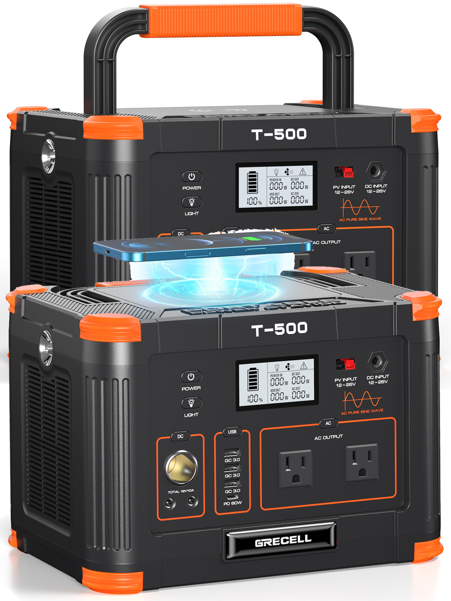 Grecell Power Station 500W Continuous Portable Solar Generators with Wireless Charger for Outdoor Home Emergency, 2 Pack