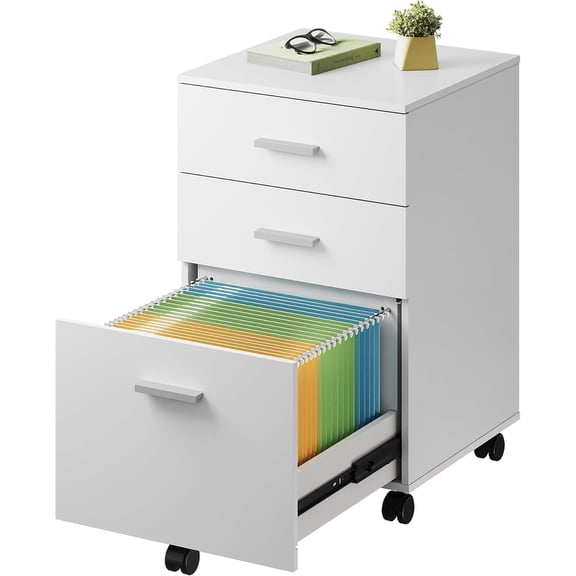 WSWJY 3 Drawer Wood Mobile File Cabinet, Rolling Filing Cabinet for Letter/A4 Size, White