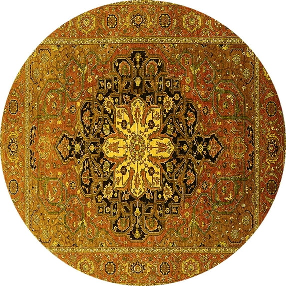 Ahgly Company Machine Washable Indoor Round Oriental Yellow Industrial Area Rugs, 4' Round