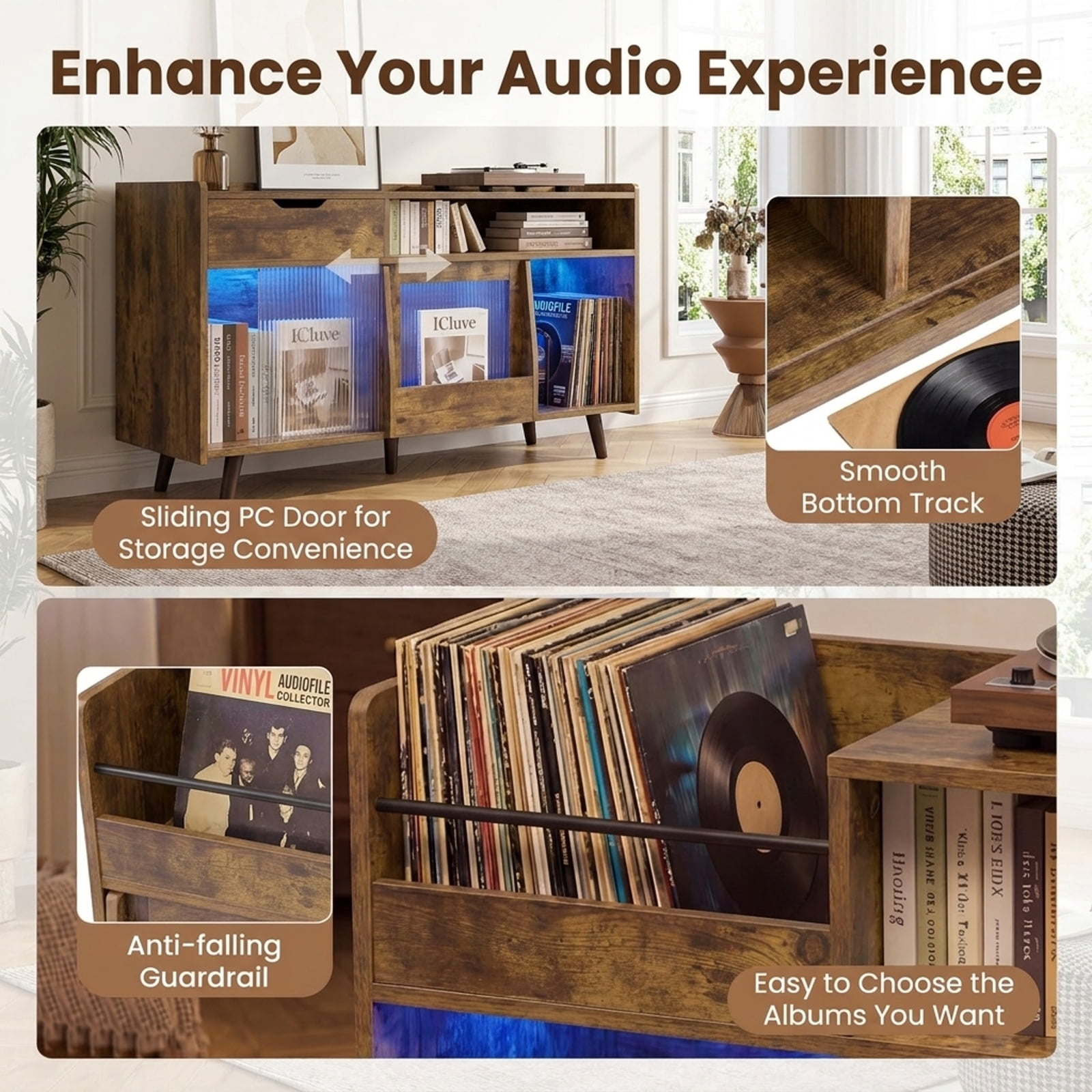 Furnibear Record Player Stand with RGB LED Light Power Outlets USB Type-C Ports and Sliding Glass Door for Living Room, Rustic Brown