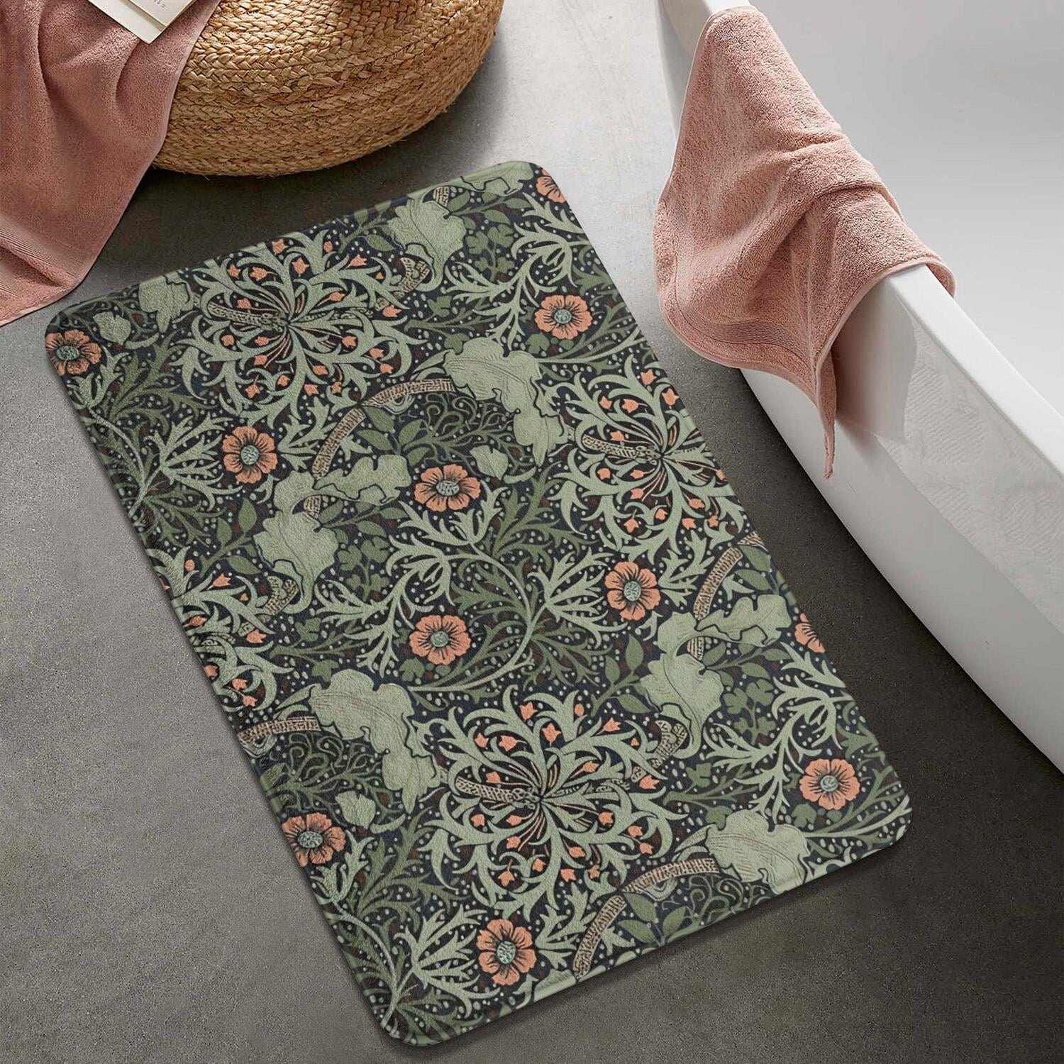 Green Pioneer Flower Pattern Bathroom Rugs Mat,Non Slip Microfiber Bathroom Rug,Rubber Backing,Soft Bathroom Mats for Bathroom Floor,Tub and Shower,20x32in(50x80cm)