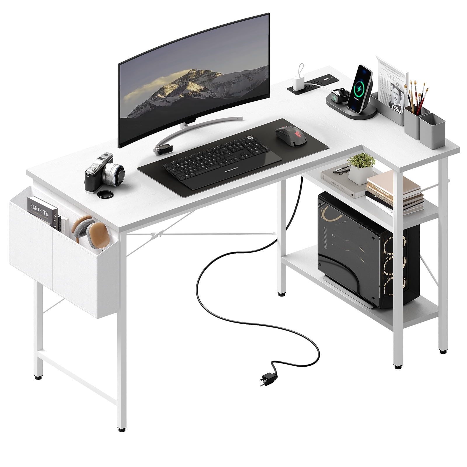 edx 39 Inch Small L Shaped Computer Desk with Power Outlets, Corner Gaming Table with Reversible Storage Shelves for Home, Office, White