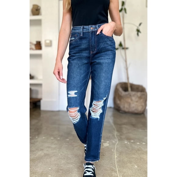 I AM A FASHION JUNKY Judy Blue Full Size High Waist Rigid Magic Heavy Destroy Straight Jeans (Dark, 27-May)