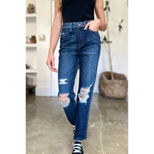 I AM A FASHION JUNKY Judy Blue Full Size High Waist Rigid Magic Heavy Destroy Straight Jeans (Dark, 22W)