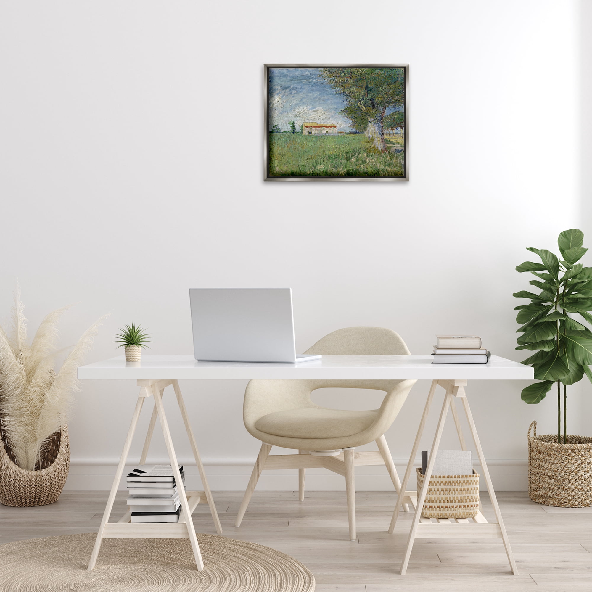 Stupell Industries Van Gogh Farmhouse in Corn Landscape & Nature Painting Gray Floater Framed Canvas Art Print Wall Art, 21 x 17